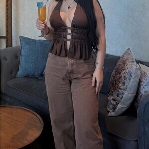 Brown Strappy Top and Pants Set